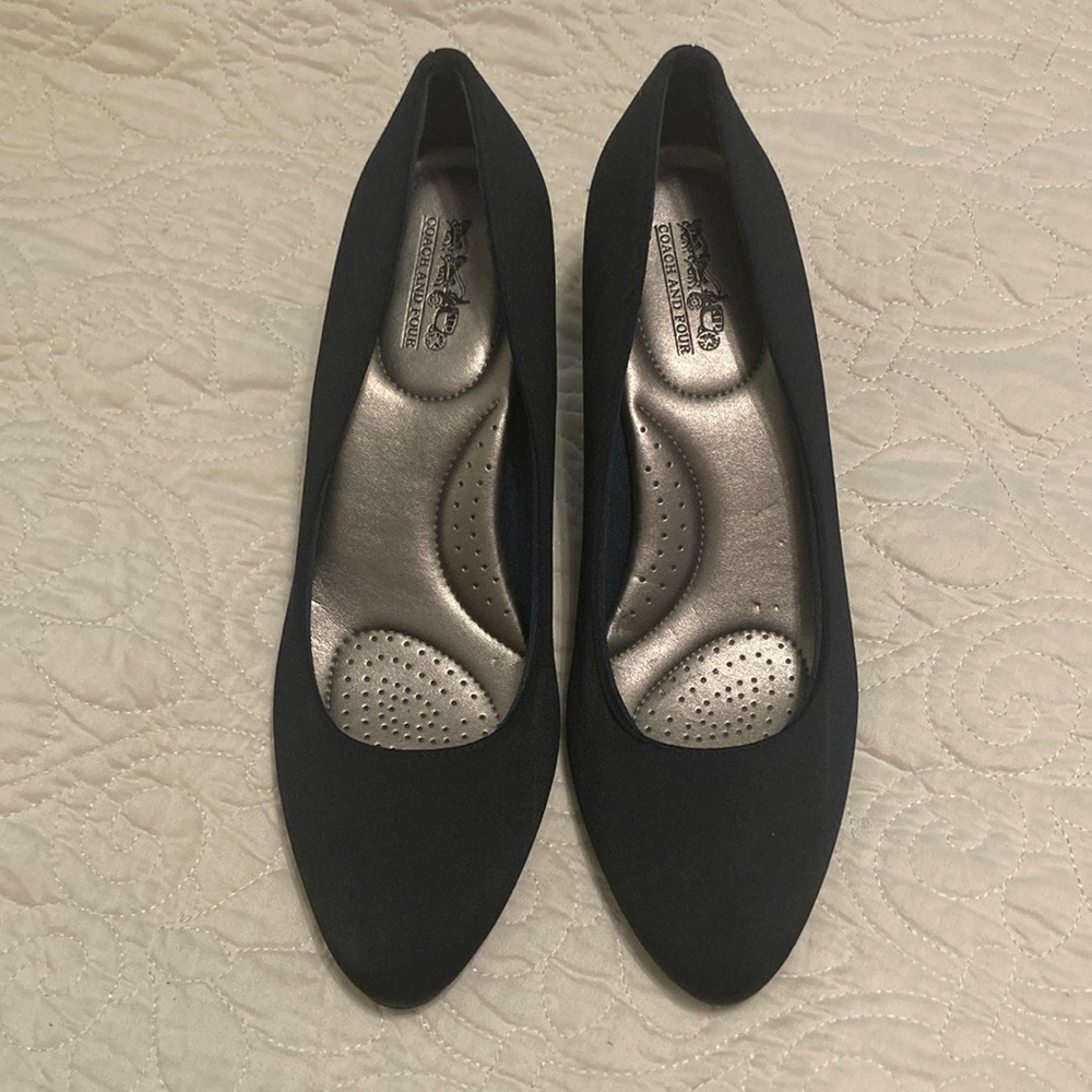 Coach and Four Navy Satin with Patent Leather Heels, Size 10